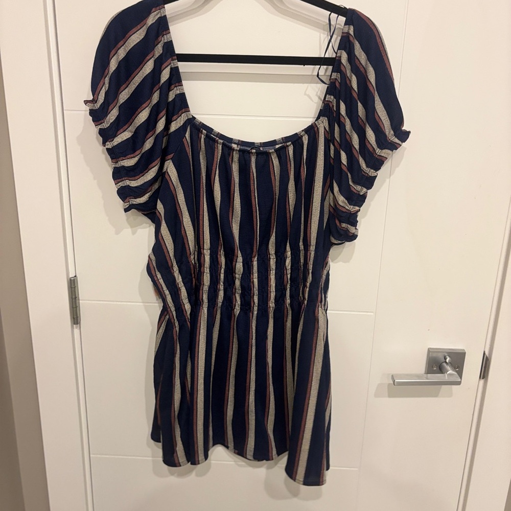 NWT My Style Striped Navy Short Sleeve Smocked Waist Peasant Tunic Top - Picture 7 of 7